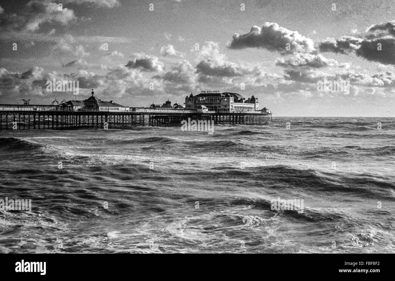 The Palace Pier, Brighton in the 1980s, when it still had a theatre at the far end. Stock Photo