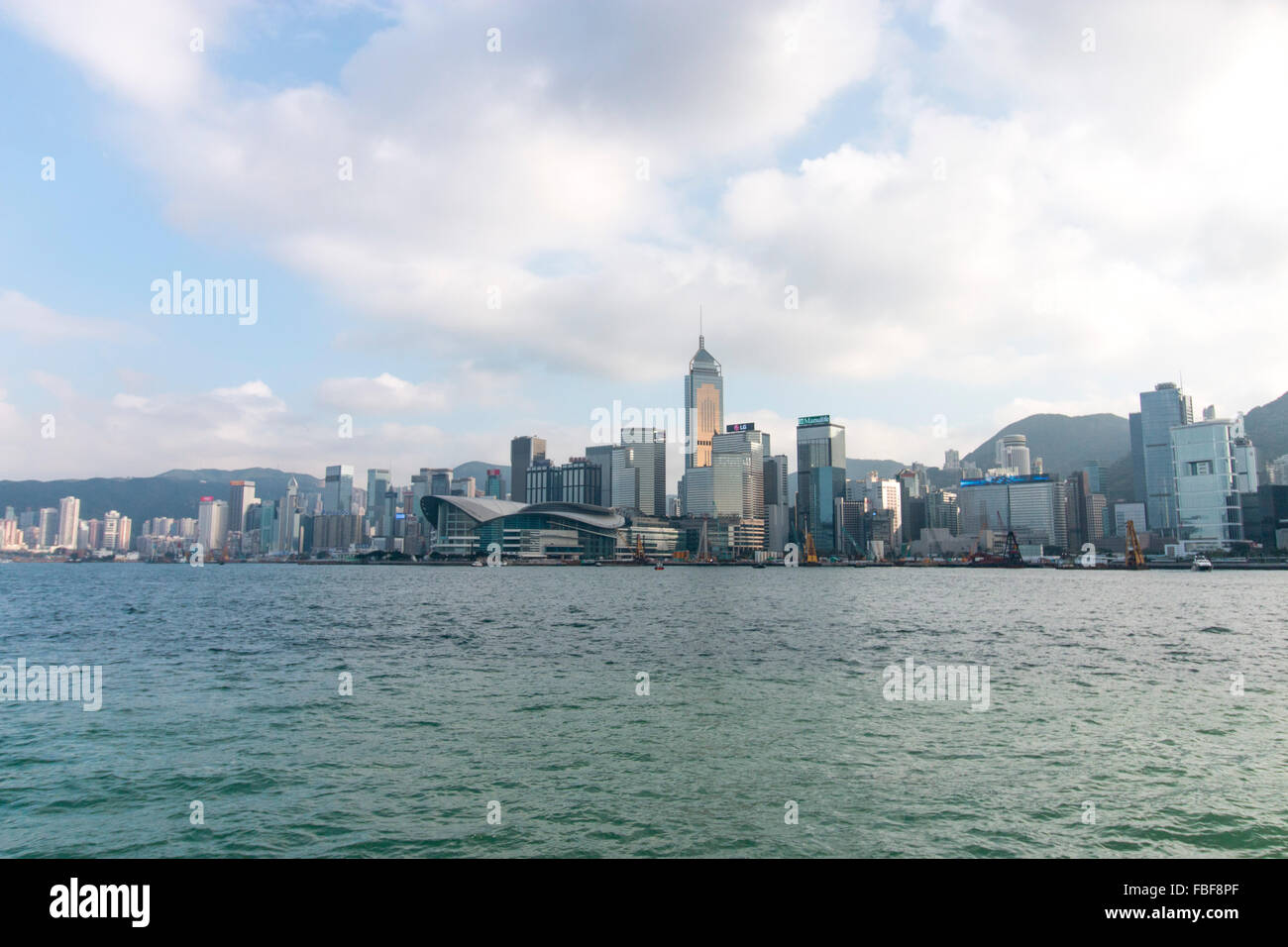 The panoramic view of Hong Kong Island side seen from Kowloon Stock Photo