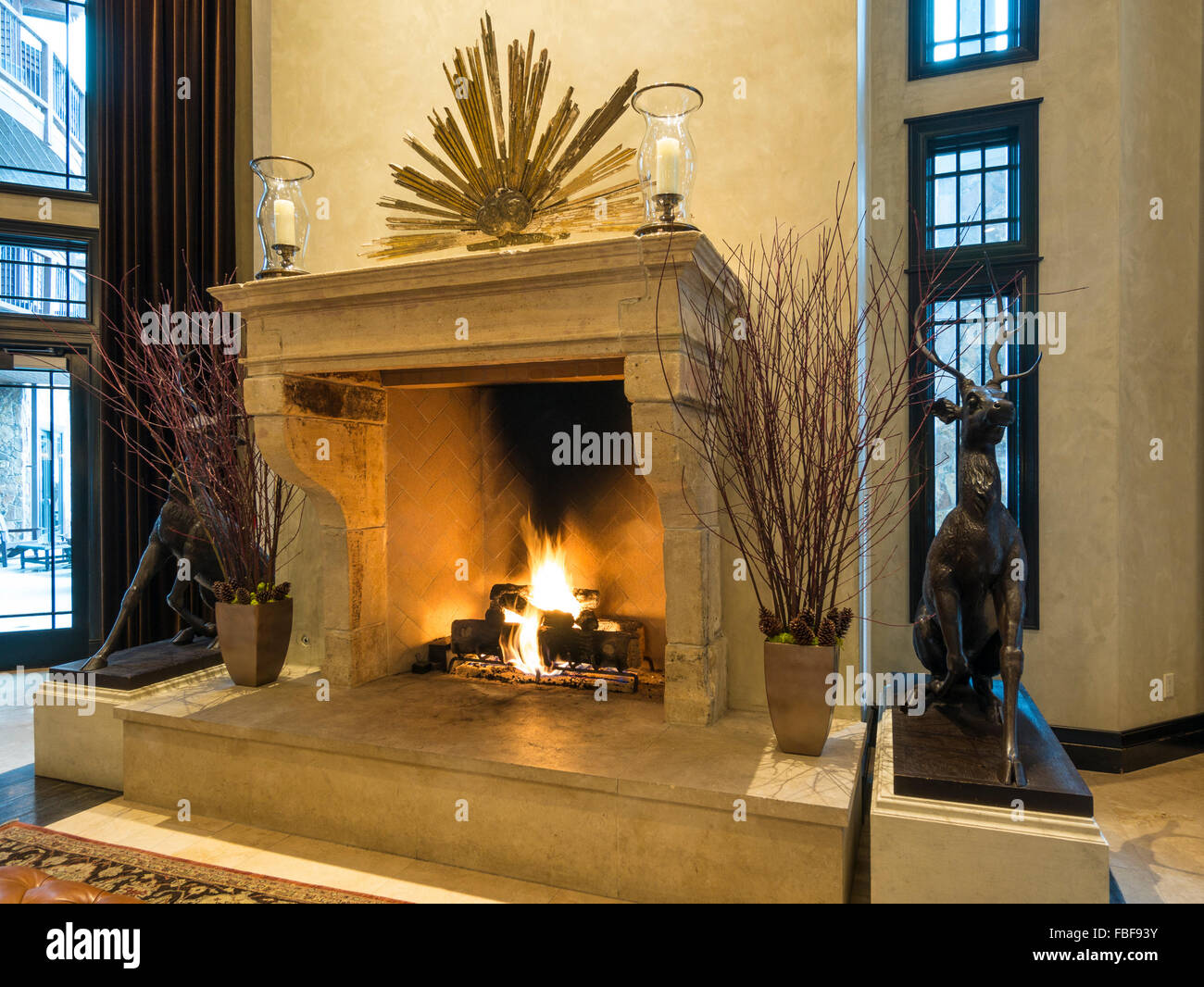 Lobby fireplace, Waldorf Astoria Park City, Utah. Stock Photo