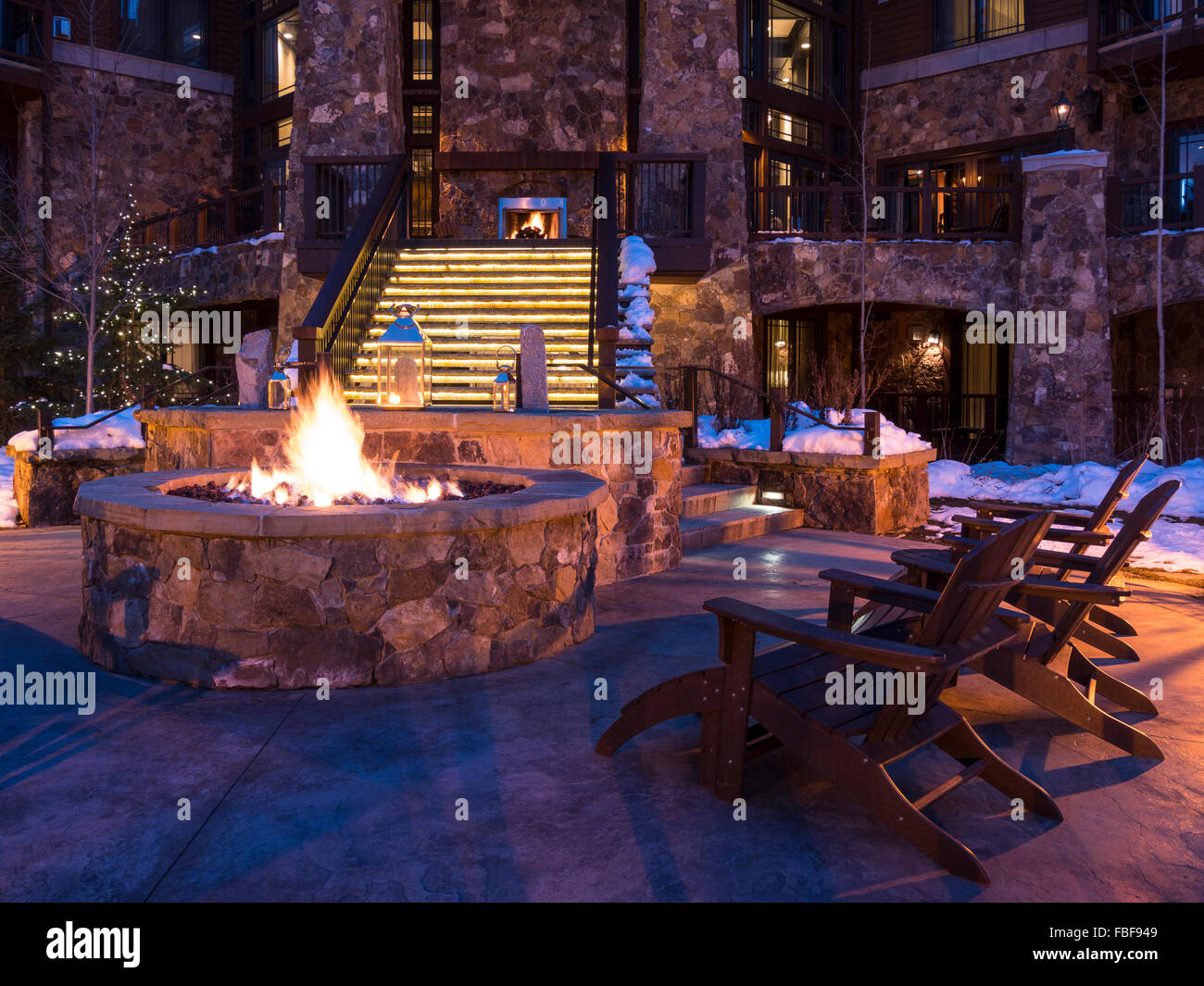 Fire pit at dusk, Waldorf Astoria, Park City, Utah. Stock Photo