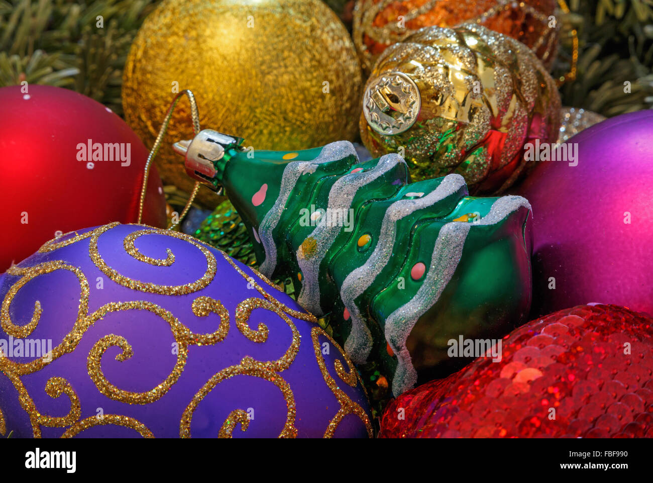 close up of Christmas tree ornaments Stock Photo