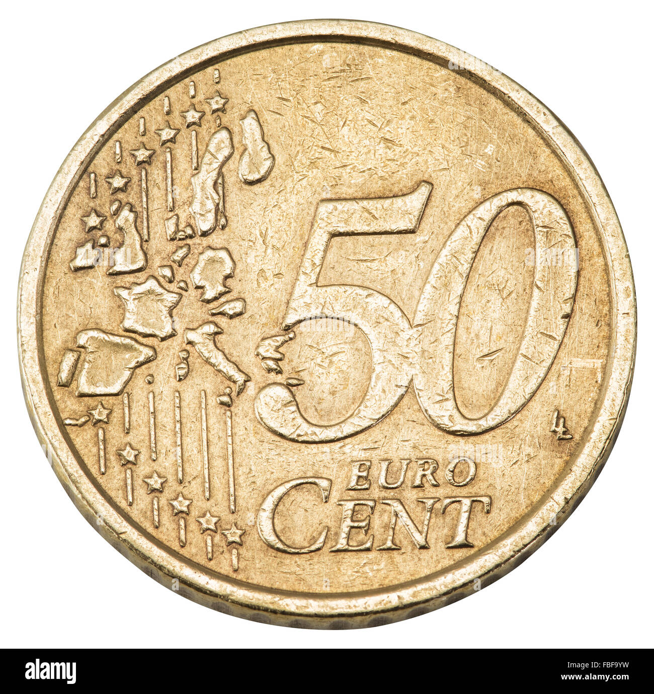 Old fifty cents euro coin isolated on a white background. File contains clipping paths. Stock Photo