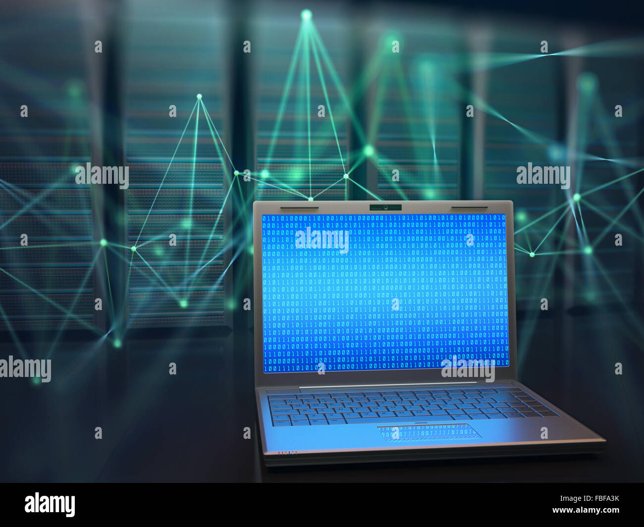 Image concept of technology and science of digital information. One laptop in front of multiple servers with binary numbers on s Stock Photo