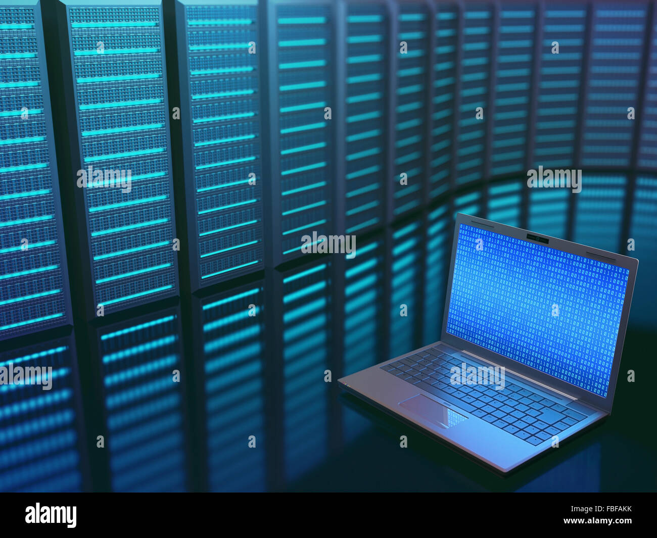 Image concept of technology and science of digital information. One laptop in front of multiple servers with binary numbers on s Stock Photo