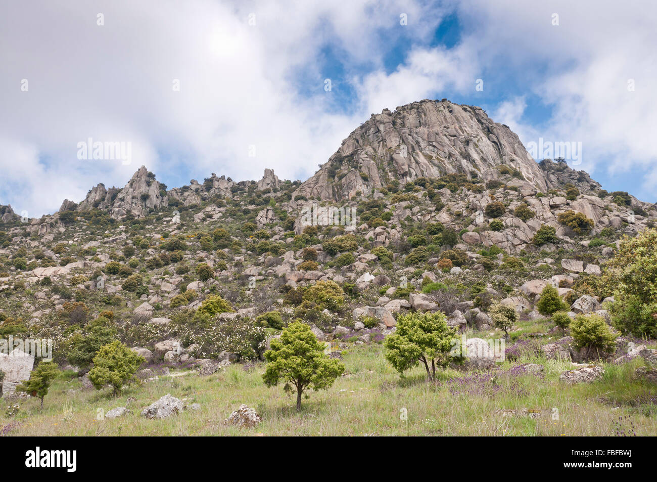 Views of Pico de la Miel (Honey Peak). It is a granite batholith located at  Sierra de la Cabrera, Madrid, Spain Stock Photo