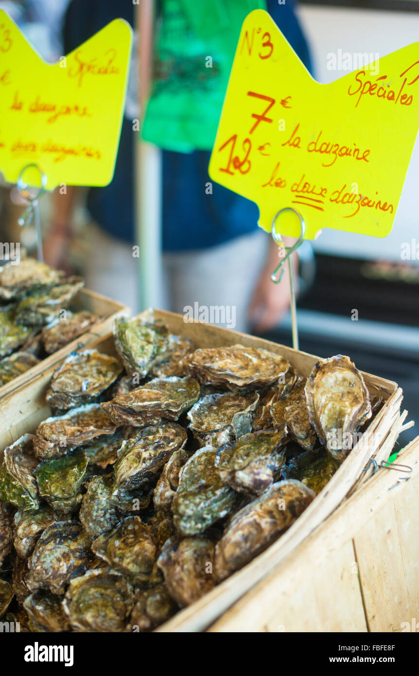 Oysters For Sale At Market Stall Stock Photo