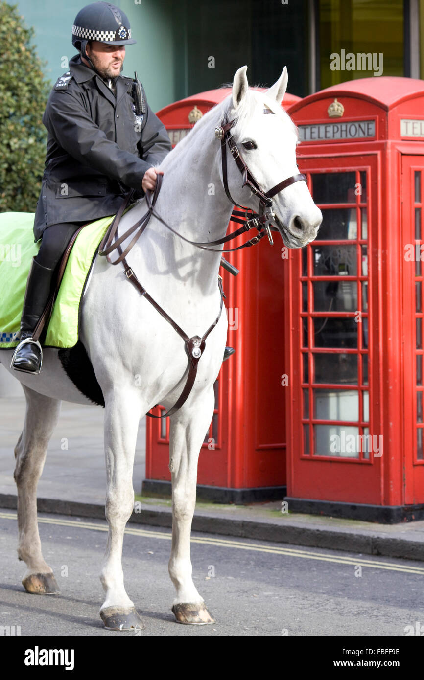 Mounted Police Officer walking past Red Telephone boxes in London England Stock Photo