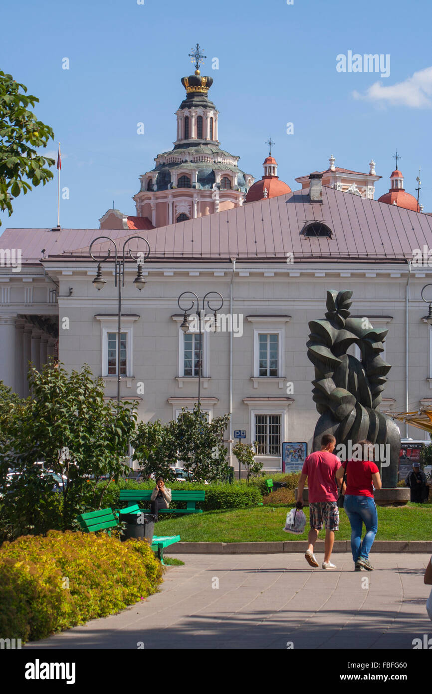 Vokieciu gatve with Rotuse (former town hall) and St Casimir Church in background, Vilnius Lithuania Stock Photo