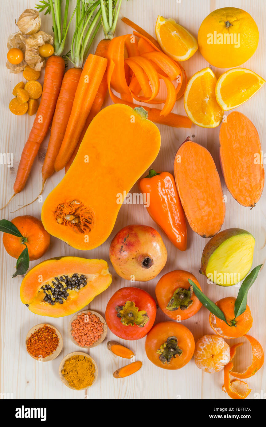 Orange coloured fruit and vegetables Stock Photo