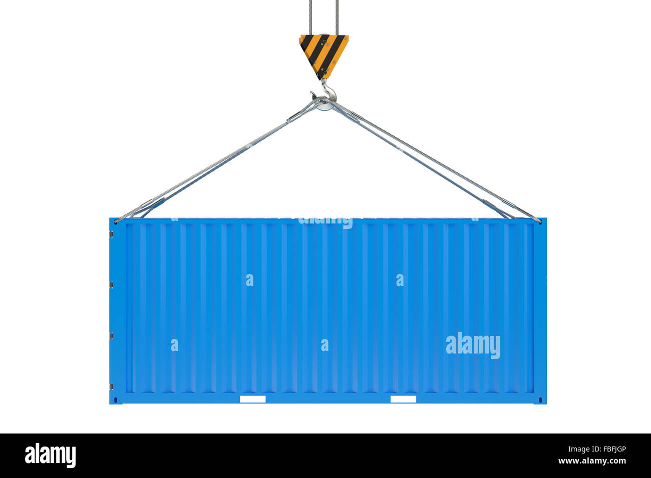 Crane hook and blue cargo container  isolated on white background Stock Photo
