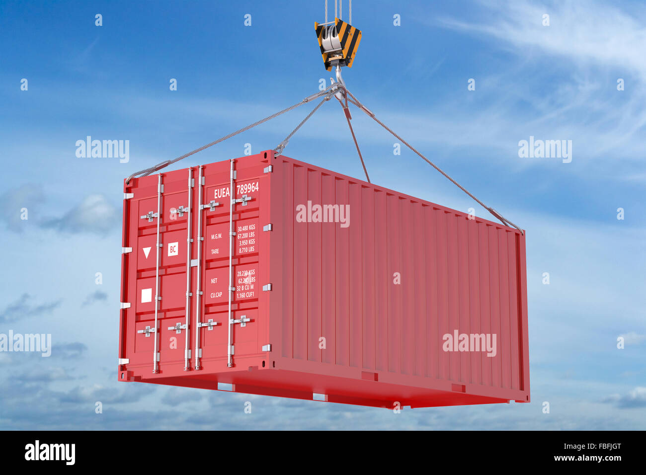 Crane hook and red cargo container on sky background Stock Photo