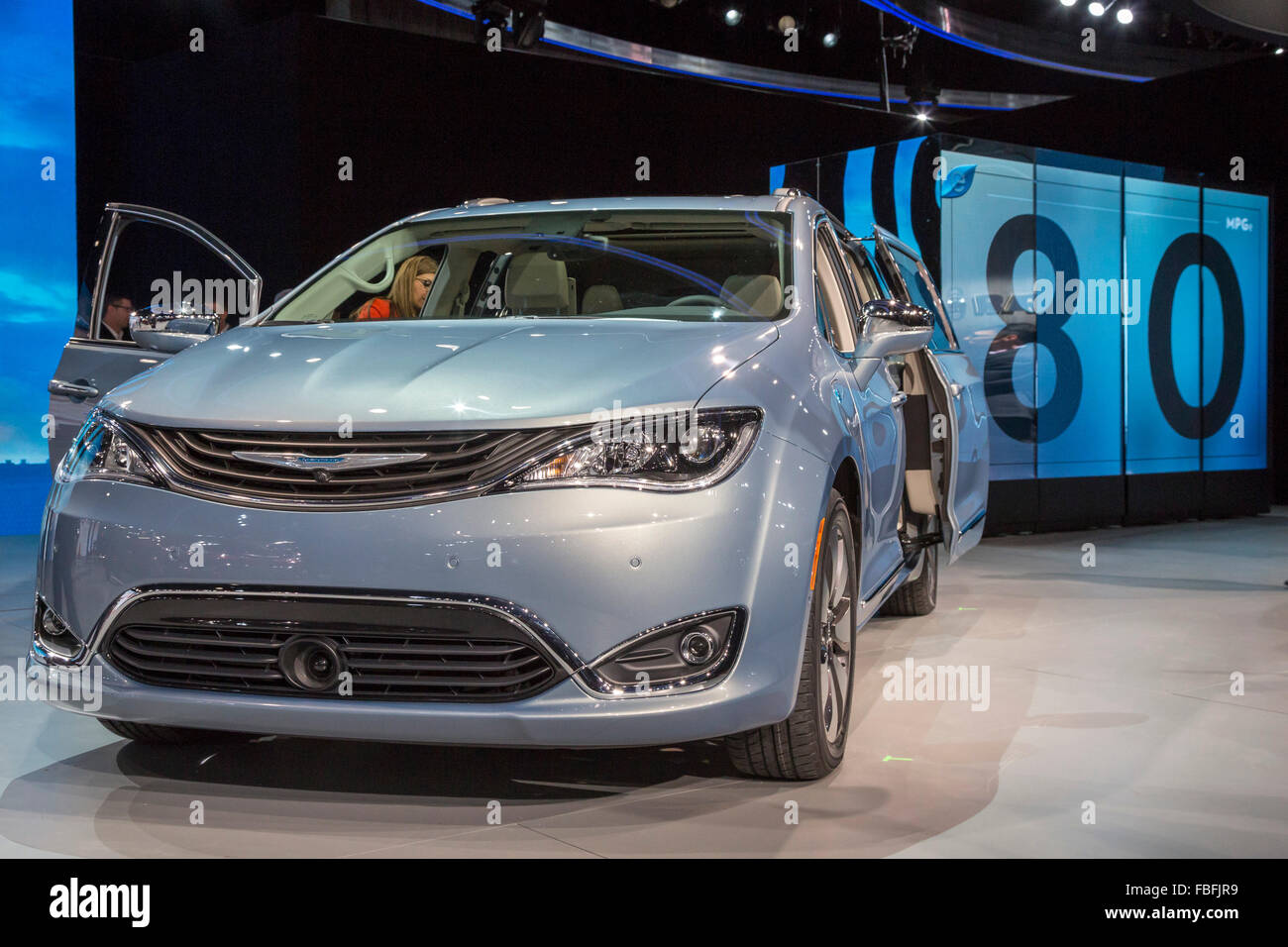 Detroit, Michigan - The 2017 Chrysler Pacifica hybrid gas-electric minivan on display at the Detroit auto show. Stock Photo