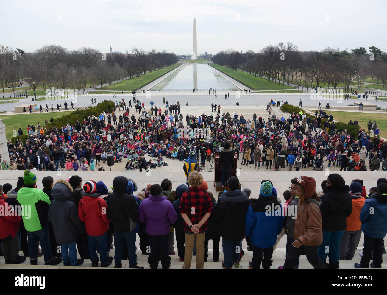 Washington, DC, USA. 15th Jan, 2016. The 12th annual reading of Dr Martin Luther King's "I Have a Dream Speech" by Watkins Elementary School is held at Lincoln Memorial in Washington, DC, the United States, Jan. 15, 2016. Credit:  Bao Dandan/Xinhua/Alamy Live News Stock Photo