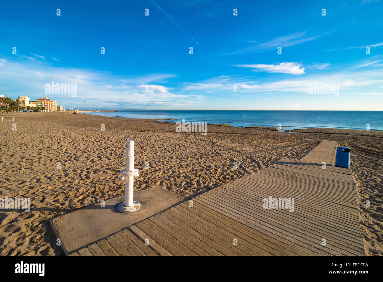 Walkway with footwash on Torevieja beach, Costa Blanca Stock Photo
