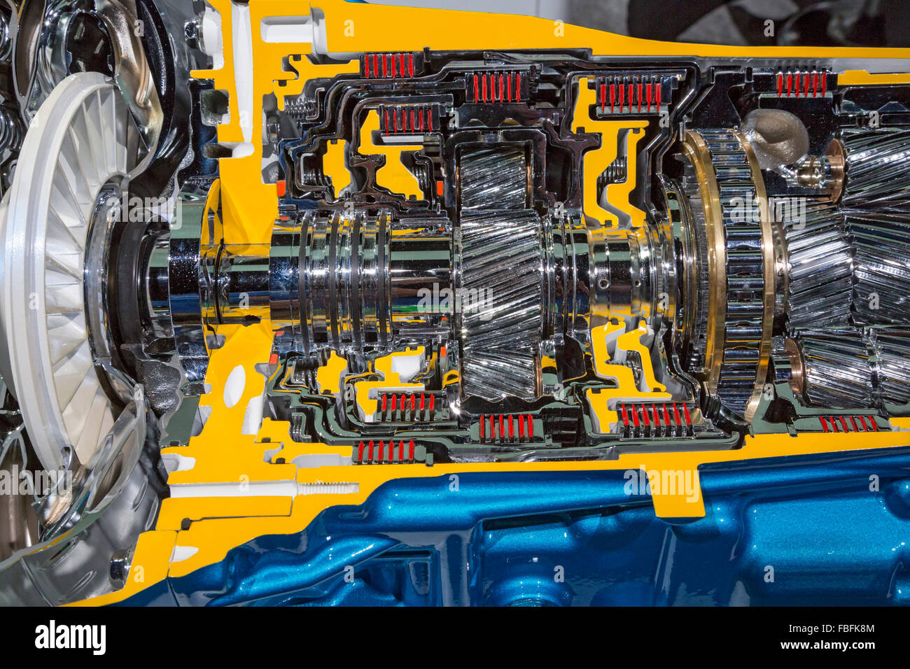 Detroit, Michigan - The Aisin Group's eight-speed automatic transmission for rear wheel drive vehicles. Stock Photo
