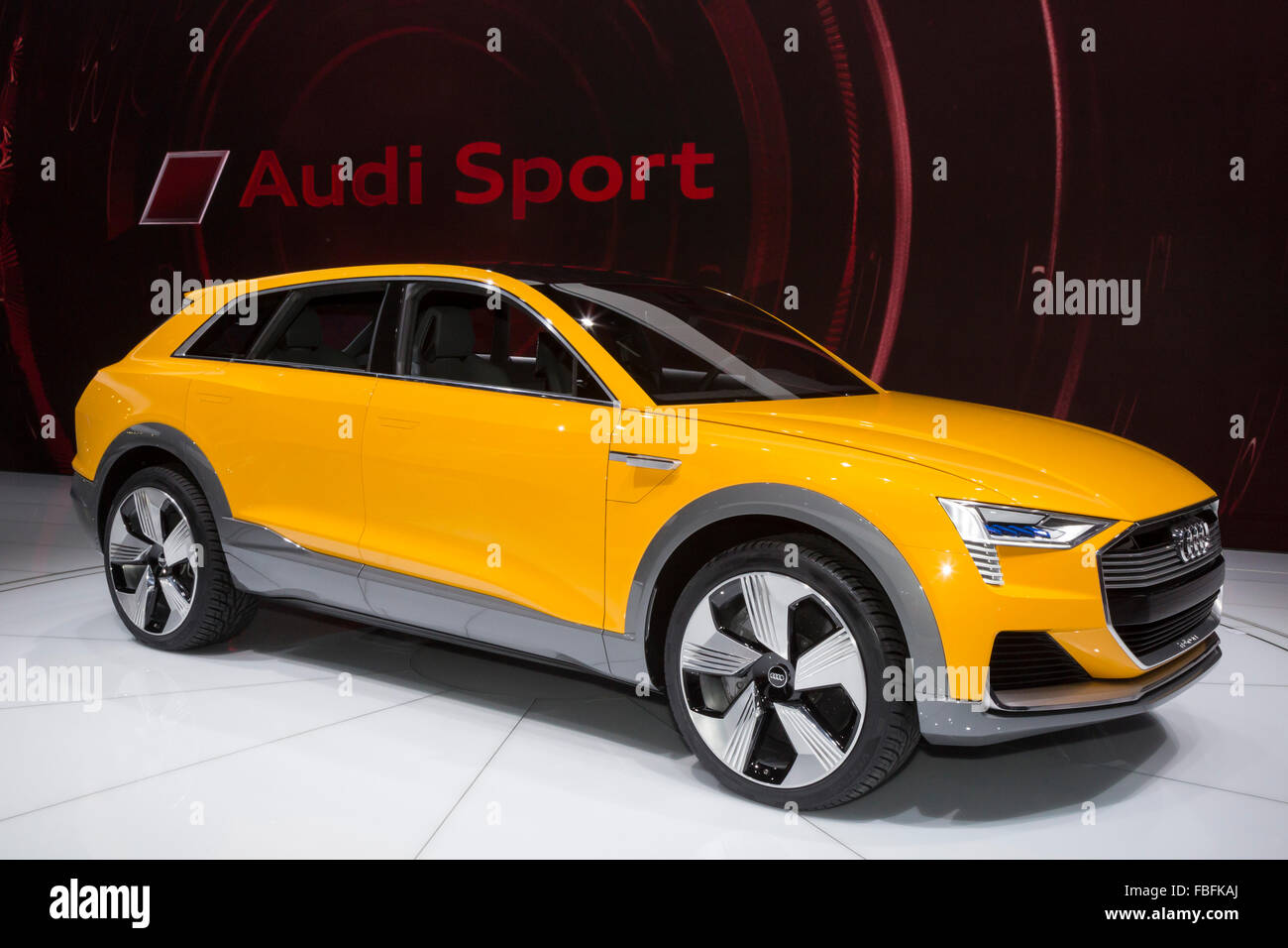 Detroit, Michigan - The Audi h-tron quattro hydrogen fuel cell concept car on display at the Detroit auto show. Stock Photo