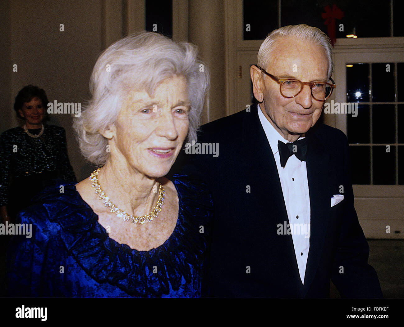 Washington, DC. 12-6-1992  Laurance Rockefeller and wife Mary arrive at the White House to attend the State Dinner for the Kennedy Centers Honors.  Laurance Spelman Rockefeller an American philanthropist, businessman, financier, and major conservationist. He was a prominent third-generation member of the Rockefeller family, being the fourth child of John Davison Rockefeller, Jr. and Abigail Greene 'Abby' Aldrich. His siblings were Abby, John III, Nelson, Winthrop, and David.  Credit: Mark Reinstein Stock Photo