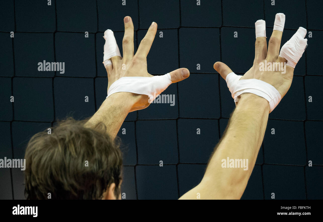 Berlin, Germany. 07th Jan, 2016. A volleyball player with tape wrapped