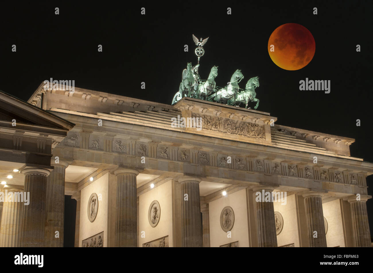 Bloody moon at the 28th September 2015 at the Brandenburg Gate, Berlin. Stock Photo