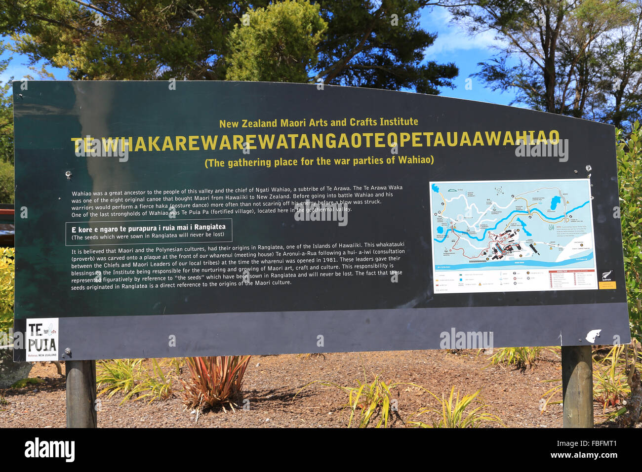 Sign near the entrance to Maori Cultural Center, Rotorua, Bay of Plenty, New Zealand. Stock Photo