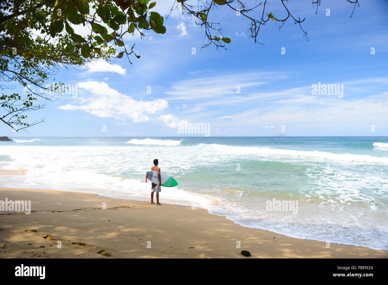 Surfer contemplating the water at Dome's Beach. Rincon, Puerto Rico. USA territory. Caribbean Island. Stock Photo
