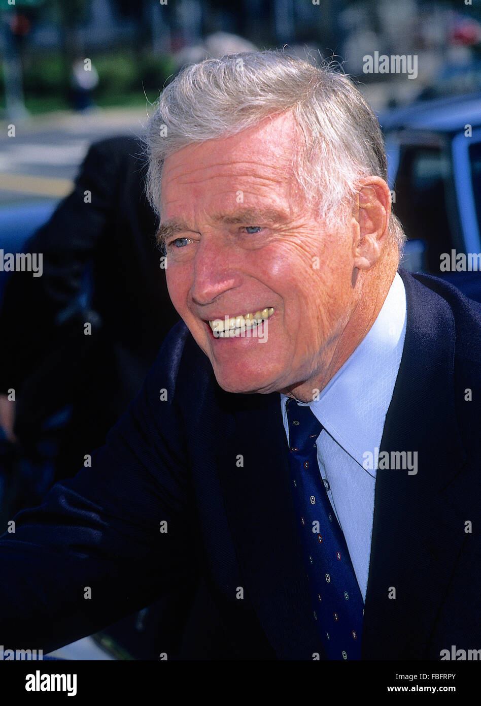 Washington, DC., USA, 18th May, 1997 Charlton Heston arrives at the FOX TV network studio's in Washington DC. for his appearance on the Sunday morning talk show 'FOX News Sunday with Chris Wallace' Charlton Heston  was an American actor and political activist. As a Hollywood star he appeared in 100 films over the course of 60 years. He is best known for his roles in The Ten Commandments (1956); Ben-Hur, for which he won the Academy Award for Best Actor (1959), El Cid (1961), and Planet of the Apes (1968). Credit: Mark Reinstein Stock Photo