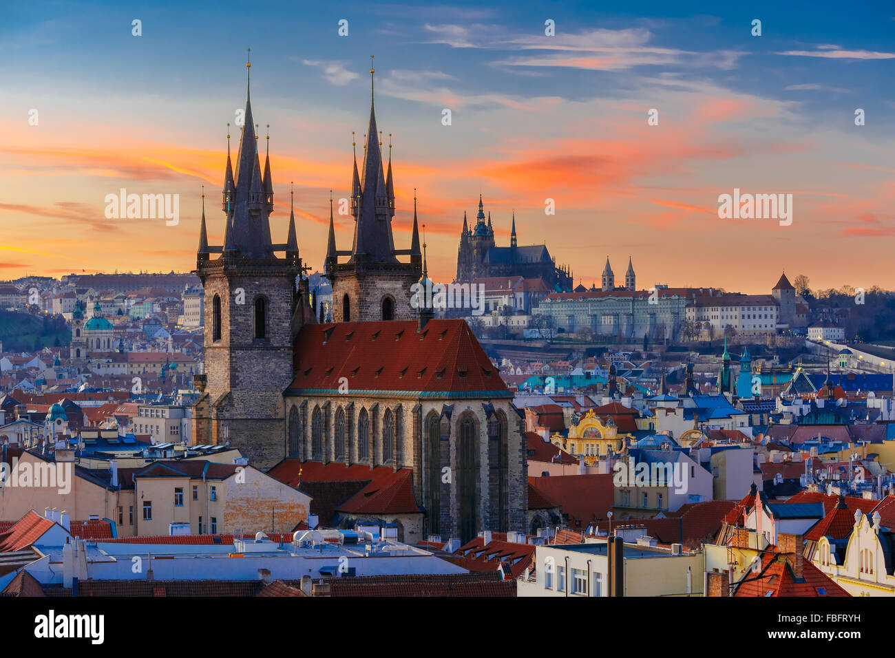 Aerial view over Old Town at sunset, Prague Stock Photo