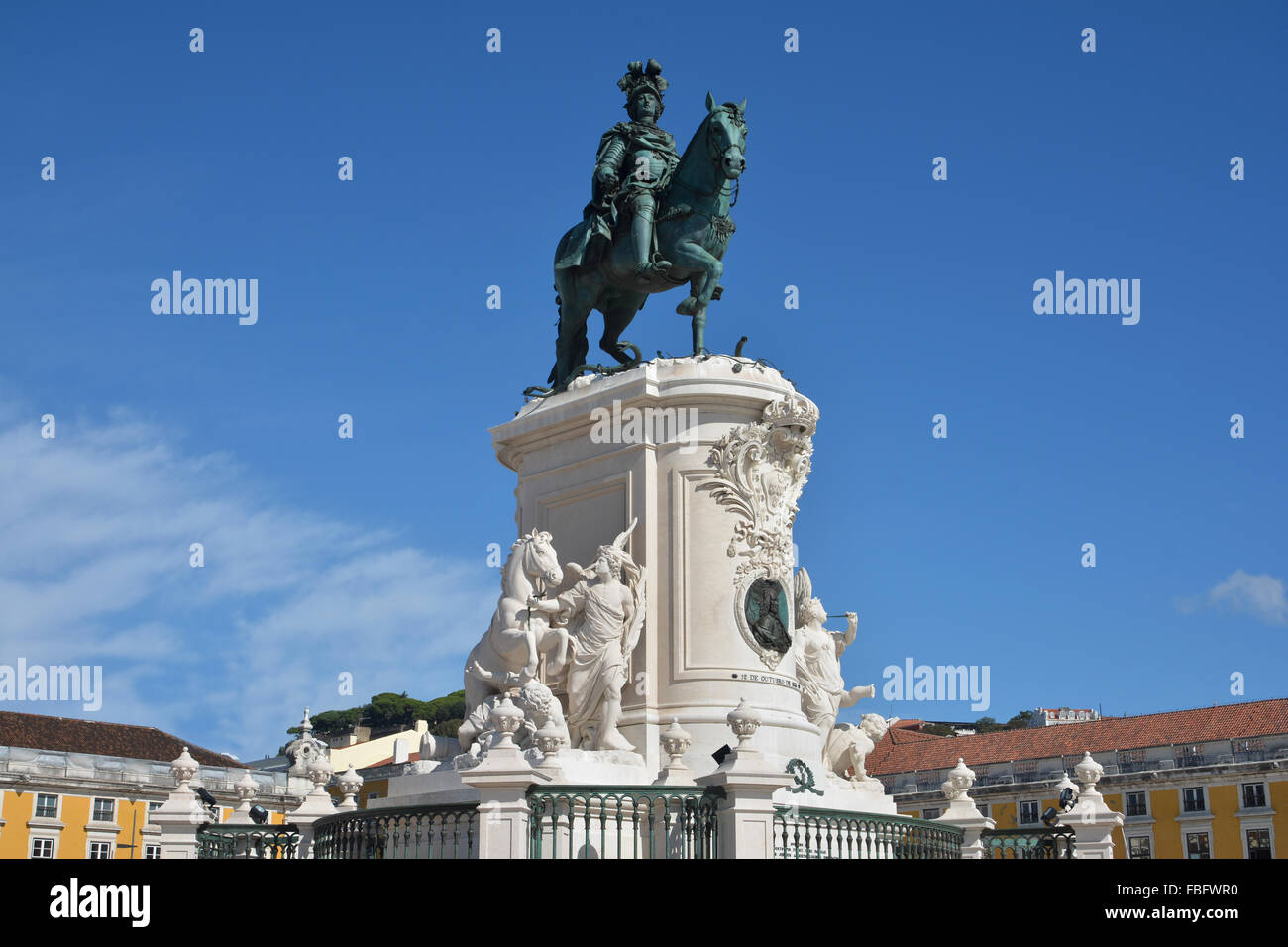 King José I bronze statue in the iconic Commerce Square in the very center of Lisbon Stock Photo