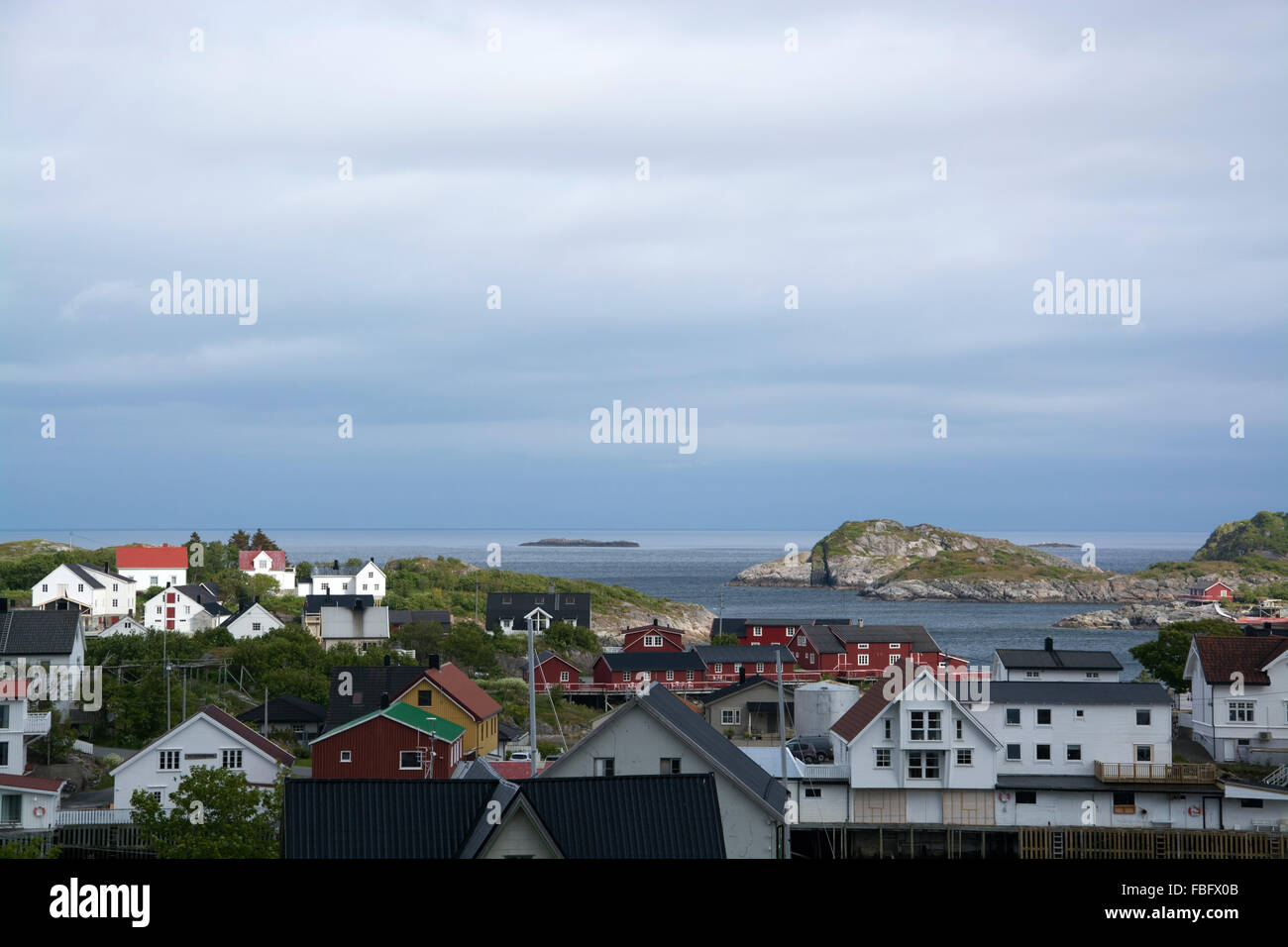 Henningsvær is a fishing village located on several small islands off the southern coast of Austvagoya in the Lofoten archipelag Stock Photo