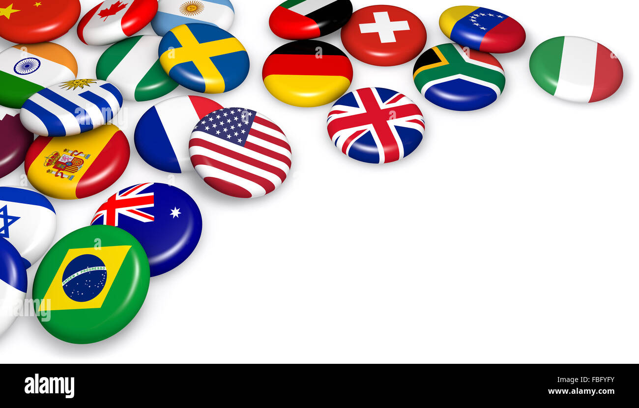 International world flags on badges concept for trading business, travel services and global management 3d illustration on white Stock Photo
