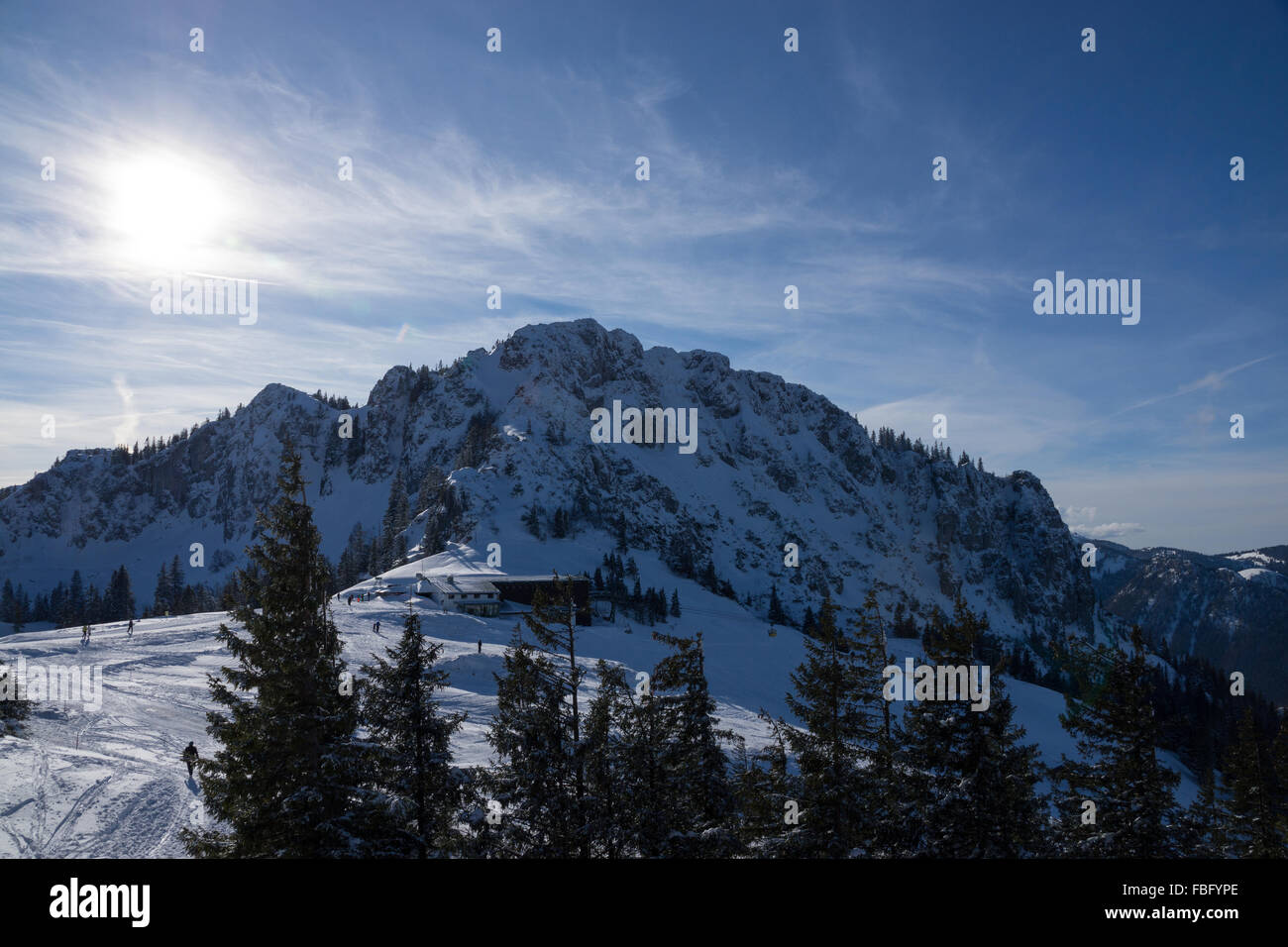 The Kampenwand is a mountain of Bavaria, Germany located in the Chiemgauer Alps. In winter a ski arena is located here. Stock Photo