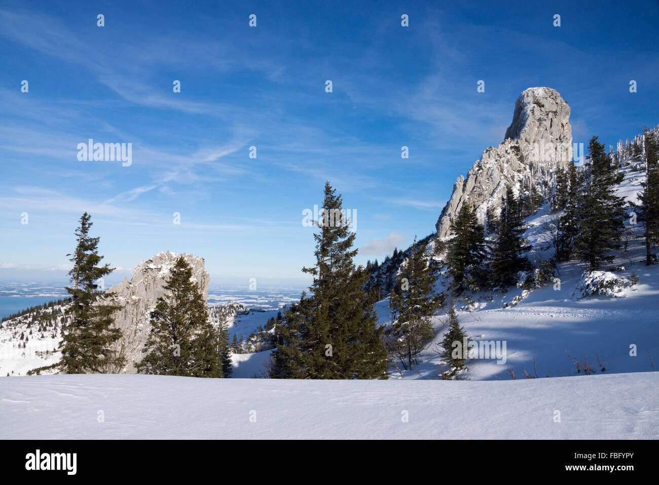 The Kampenwand is a mountain of Bavaria, Germany located in the Chiemgauer Alps. In winter a ski arena is located here. Stock Photo