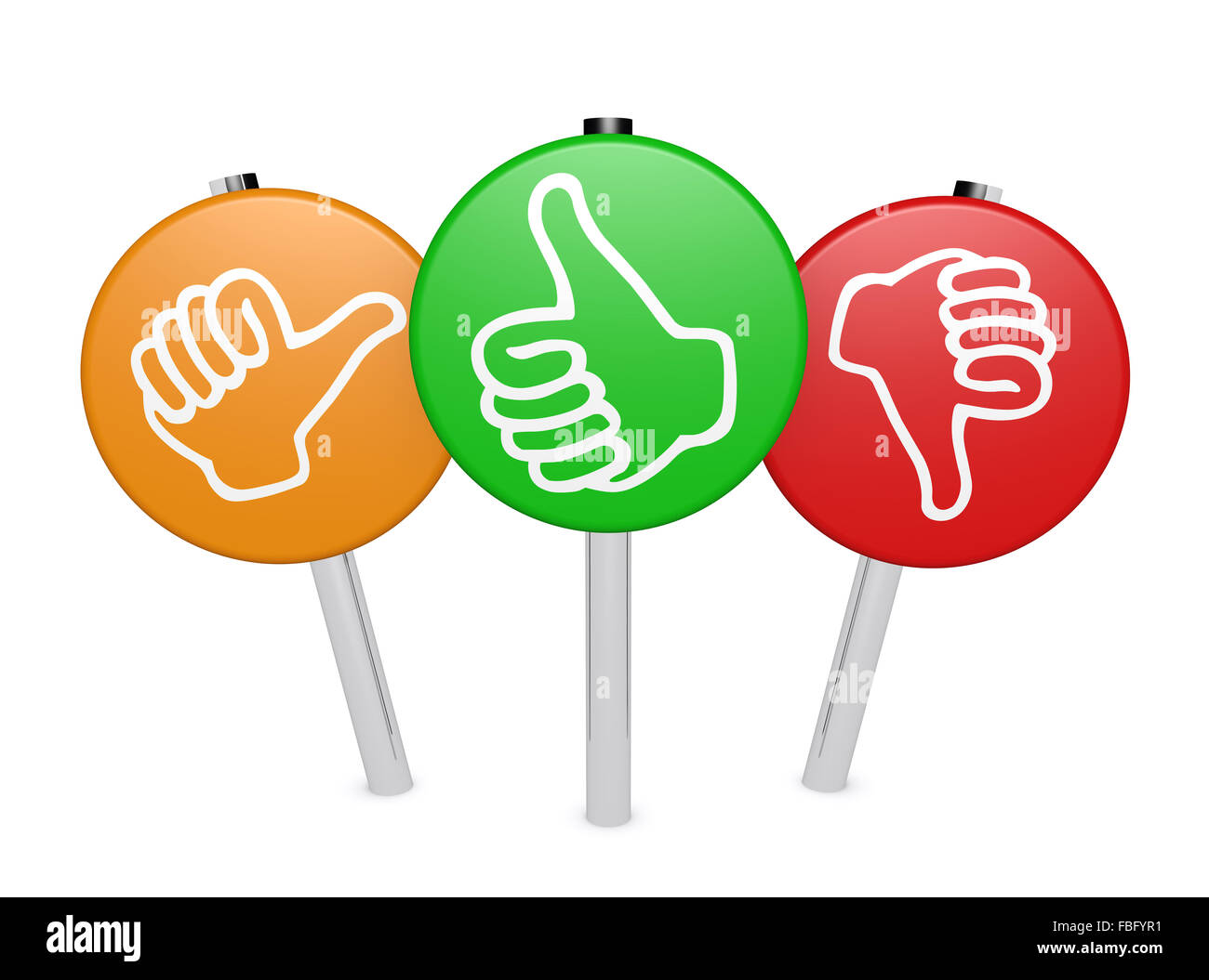 Customer business feedback, rating and survey positive and negative sign post with thumb up and down icon isolated on white. Stock Photo