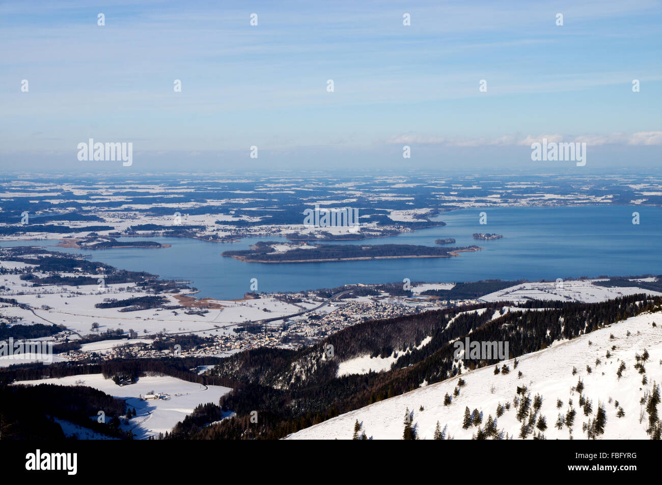 Chiemsee is a freshwater lake in Bavaria, Germany, between Rosenheim, Germany, and Salzburg, Austria. It is often called the Bav Stock Photo