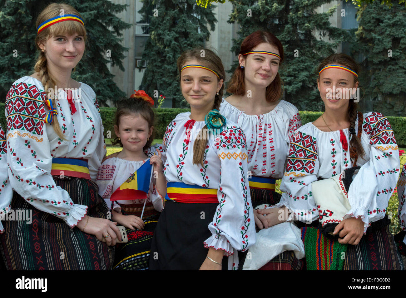 Girls In Folkloric Costumes, Independence Day Celebration, Piata Marii Adunari Nationale, Chisinau Stock Photo
