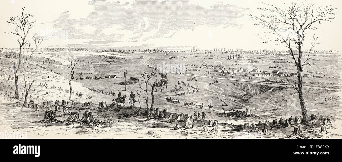 Confederate positions near Centreville, Virginia at the crossing of the Orange and Alexandria Railway over Bull Run showing Confederate encampment fortifications, etc. USA Civil War Stock Photo
