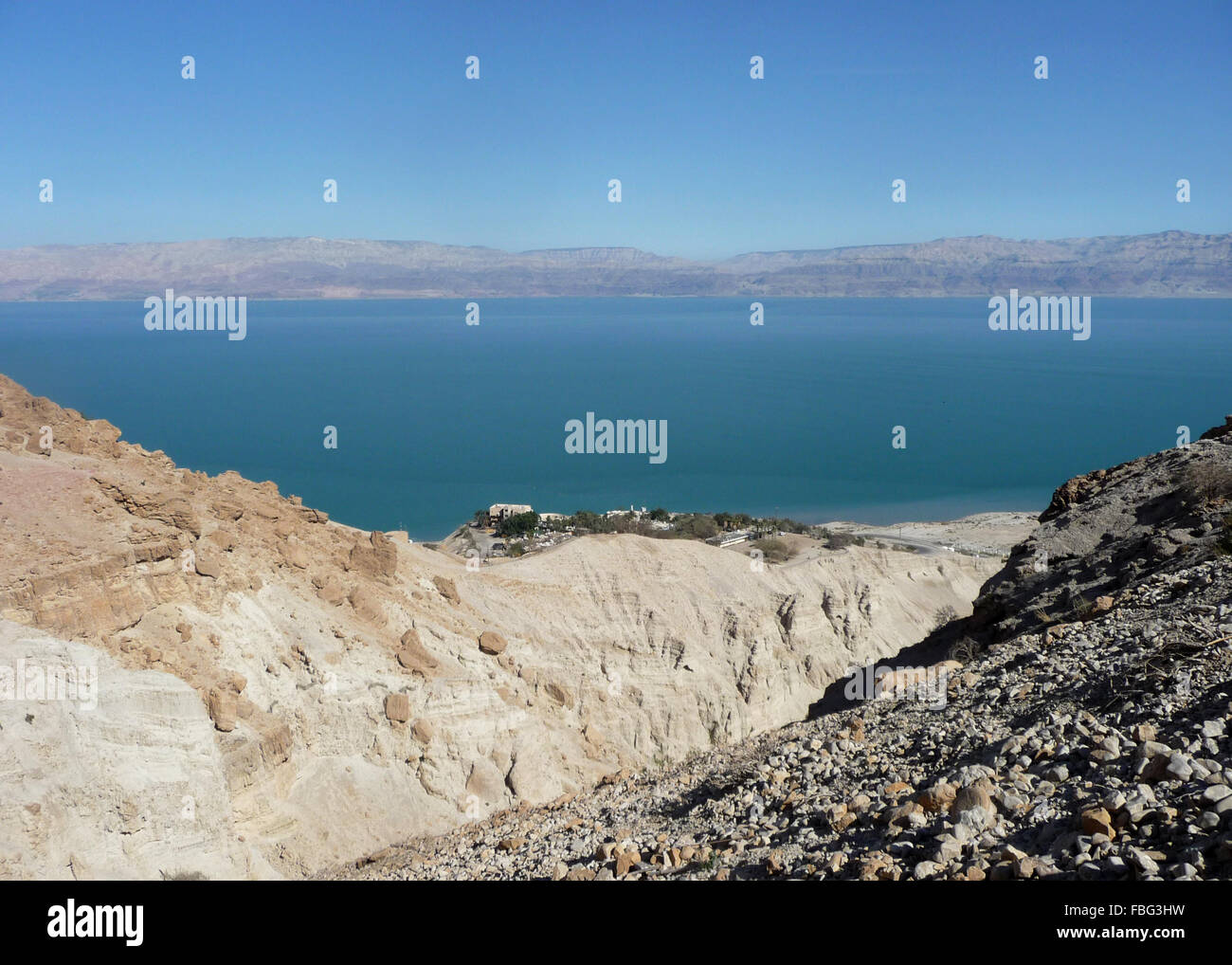 Beautiful hiking trail with a view of the dead sea in Ein Gedi Nature Reserve, Israel Stock Photo