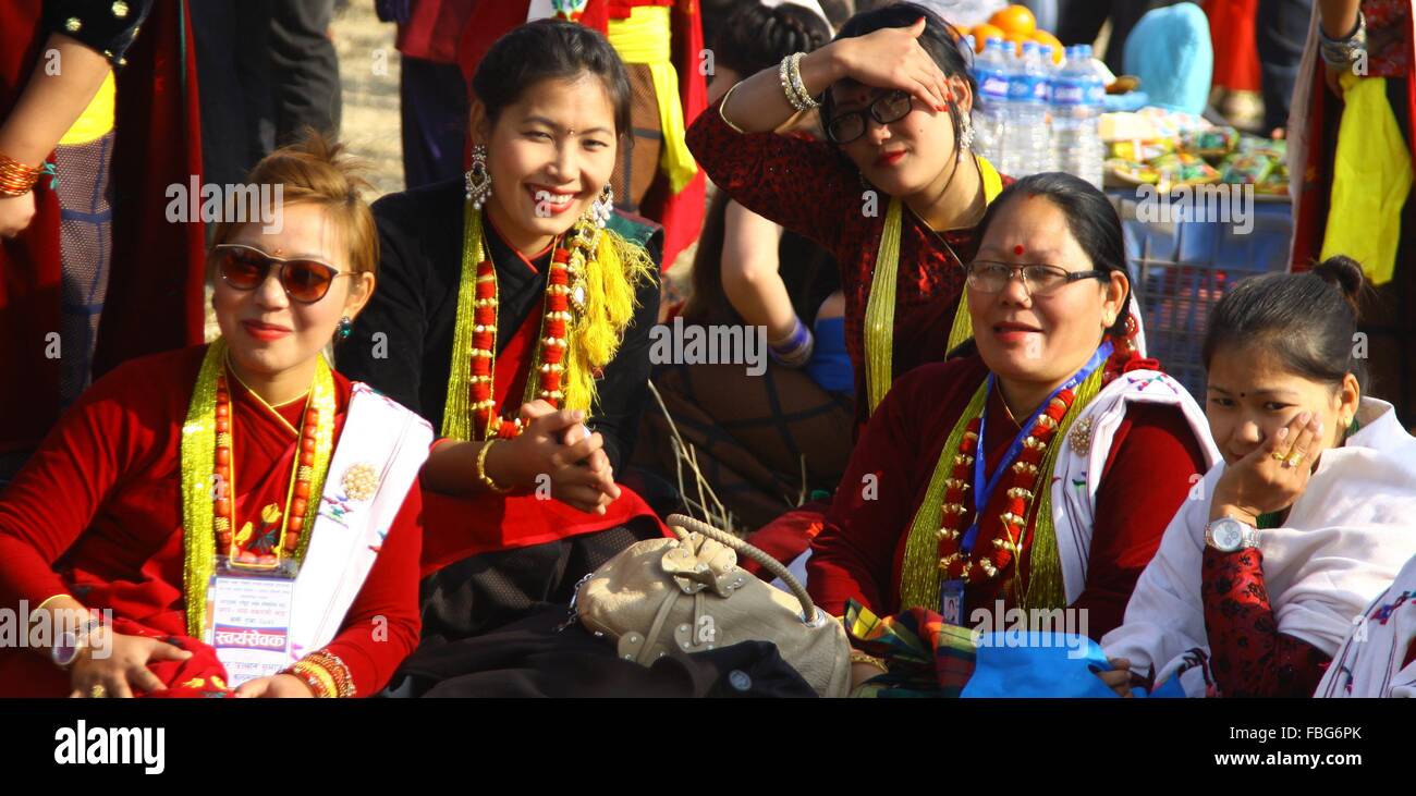 Kathmandu, Nepal. 15th Jan, 2016. Women from Magar community participate in Maghesakranti celebrations at Tundikhel in Kathmandu, Nepal, Jan. 15, 2016. The Maghesakranti festival commemorates the start of the holy month of Magh and ushers the coming of warmer weather and longer days. © Archana Shrestha/Xinhua/Alamy Live News Stock Photo