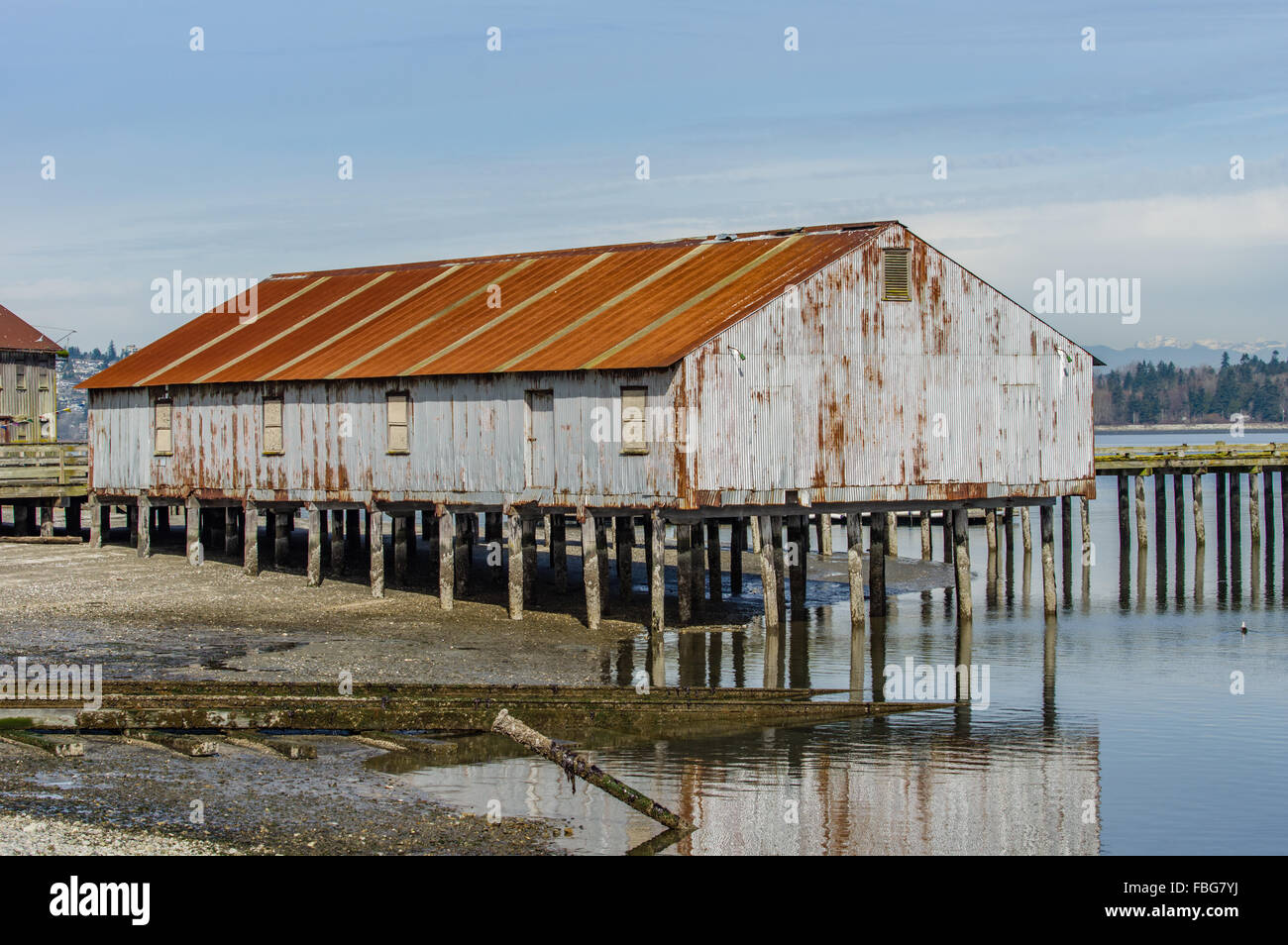 Rusting buildings at the site of the Alaska Packers Association cannery.  Blaine, Washington, USA Stock Photo