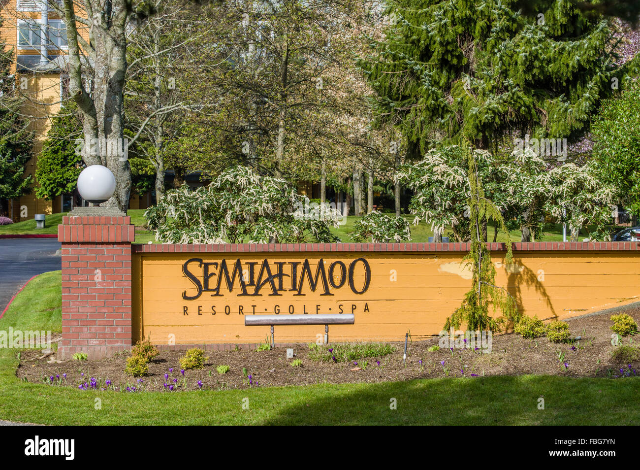 Entrance sign at the Semiahmoo Resort, Blaine, Washington, USA Stock