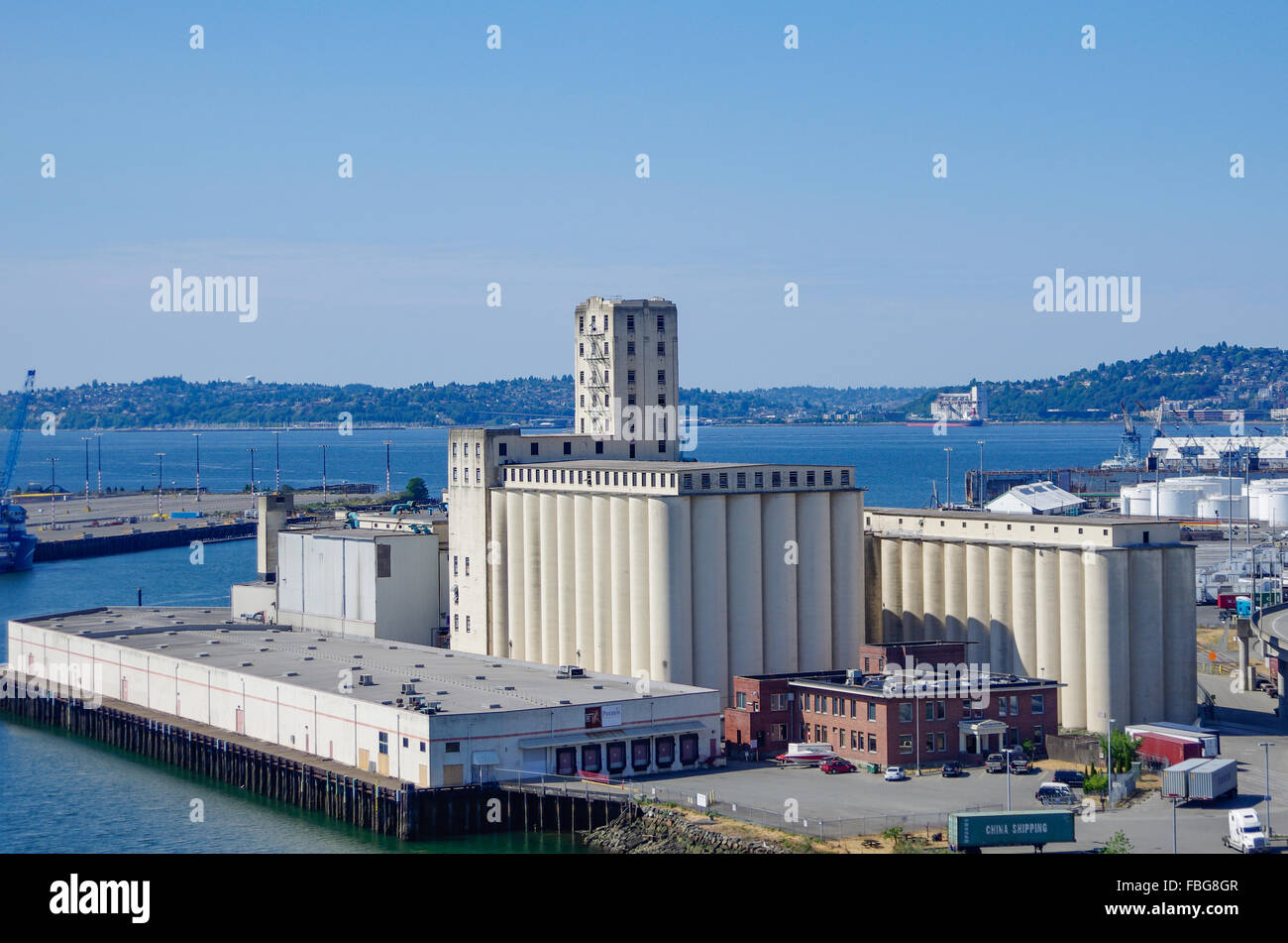 Grain silos at Pacific Terminals, Port of Seattle. Seattle, Washington, USA Stock Photo