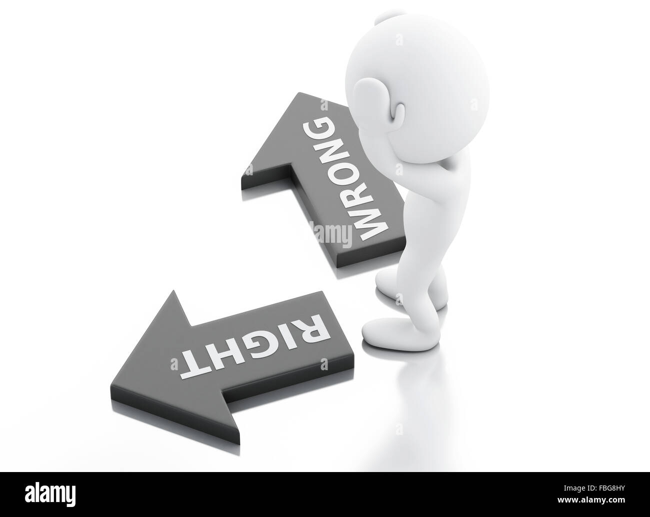 3d renderer illustration. White people and arrows. Labels wrong and ...