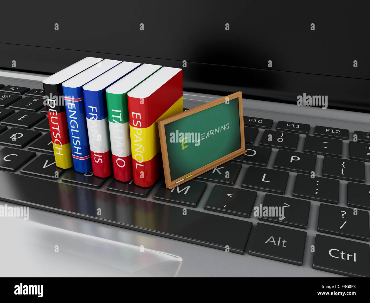 3d illustration. Dictionaries and blackboard on computer keyboard. Elearning. Languages learn