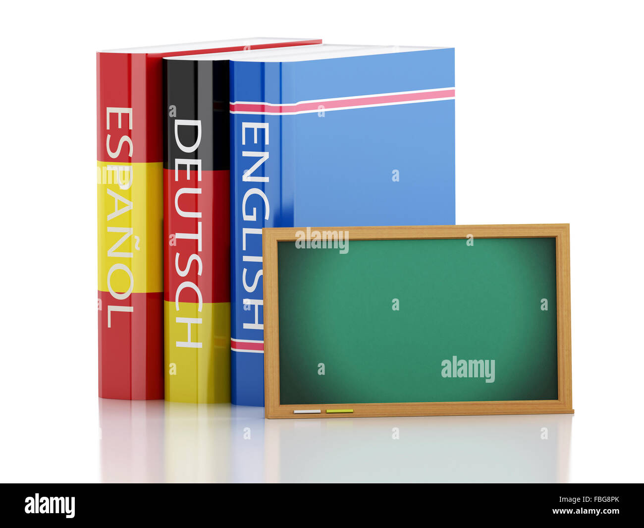3d renderer illustration. Stack of dictionaries and Blackboard ...