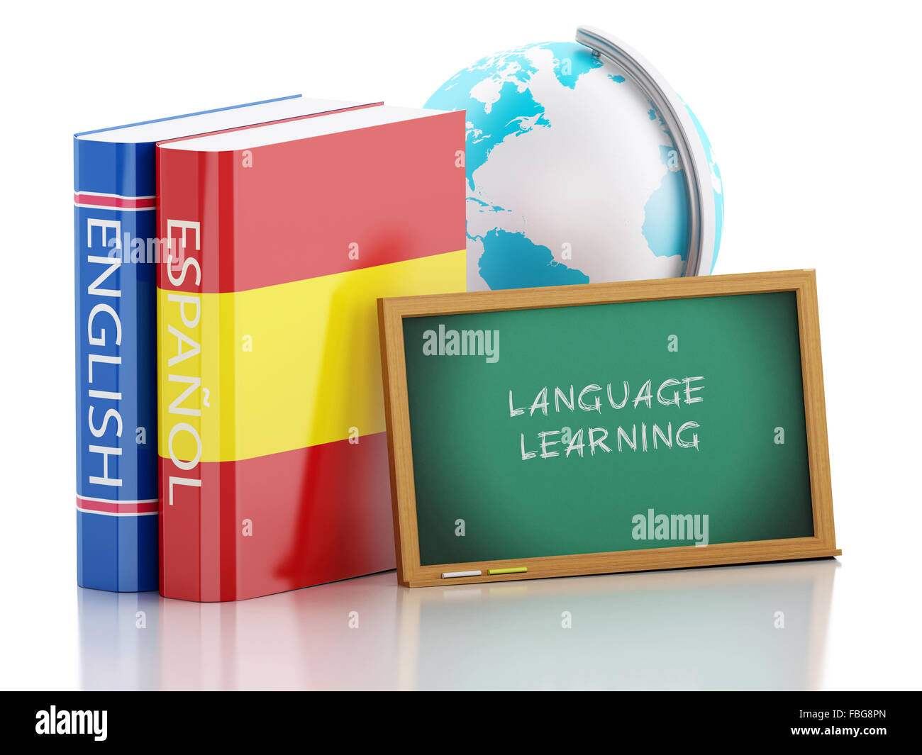 3d renderer illustration. Dictionaries and Blackboard. Language ...