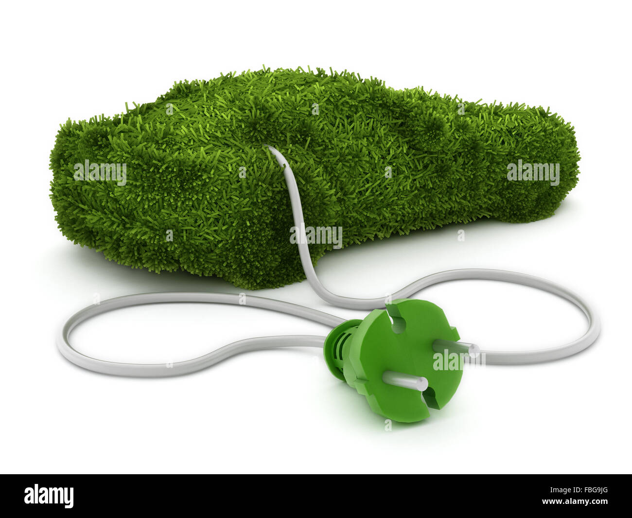 Green car covered with grass texture connected to the electric plug. Stock Photo