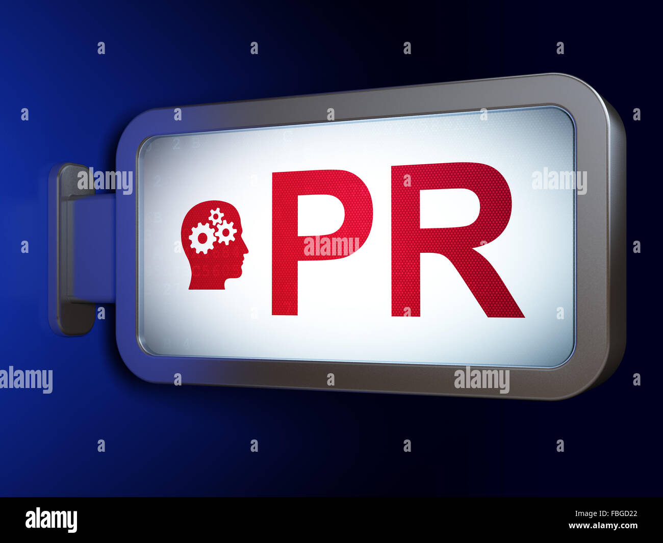 Advertising concept: PR and Head With Gears on billboard background ...