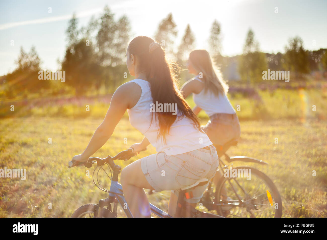 Two young beautiful women girlfriends wearing jeans shorts cycling in park on sunny summer day, lens flare, back view Stock Photo