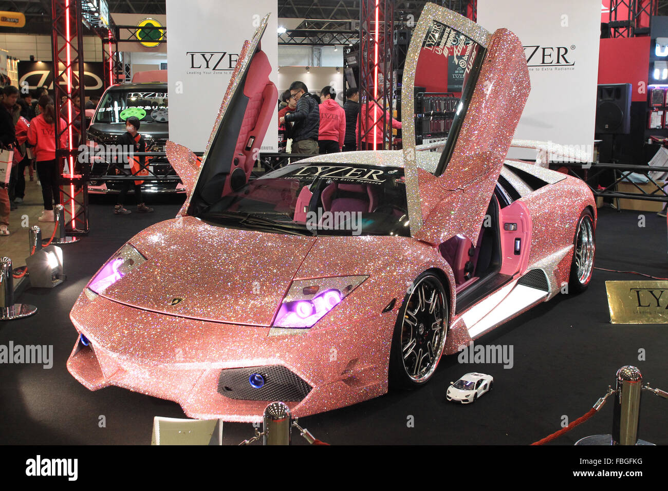 Tokyo, Japan. 15th Jan, 2016. The six hundred thousand swarovski studded  Lamborghini Aventador is displayed during the 2016 Tokyo Auto Salon at  Makuhari Messe Convention Center in Chiba, Japan on January 15,