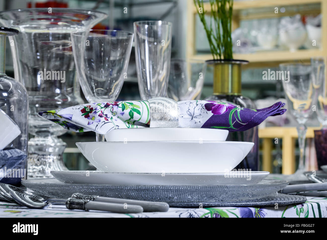 Table serving with decorative tableware Stock Photo Alamy